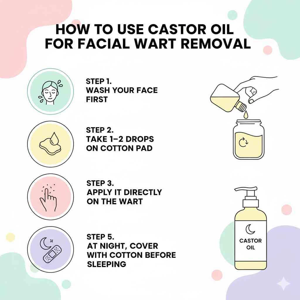 Facial Wart Treatment: I Tried Castor Oil On Warts For 2 Weeks And The Results Are Shocking This is an infographic image showing how to apply castor oil on wart