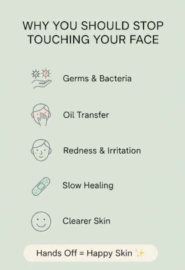 I Tried To Stop Touching My Face for 2 Weeks to Prevent Breakouts—Here’s What Happened Vertical infographic showing five reasons to stop touching your face: germs & bacteria, oil transfer, redness & irritation, slow healing, and clearer skin. Minimal, calm pastel design with icons for each point.