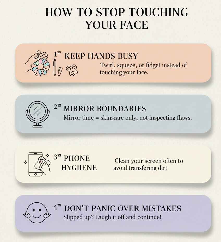 I Tried To Stop Touching My Face for 2 Weeks to Prevent Breakouts—Here’s What Happened “Vertical infographic showing 4 steps to stop touching your face: keep hands busy, mirror boundaries, phone hygiene, don’t panic over mistakes. Minimal calm design with icons