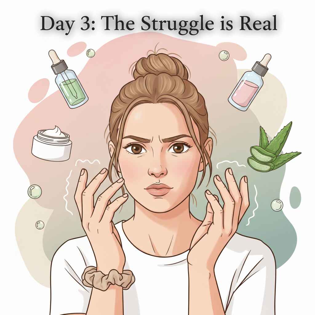 I Tried To Stop Touching My Face for 2 Weeks to Prevent Breakouts—Here’s What Happened Young woman resisting touching her face, holding a fidget object, representing Day 3 of a two-week no-face-touching challenge