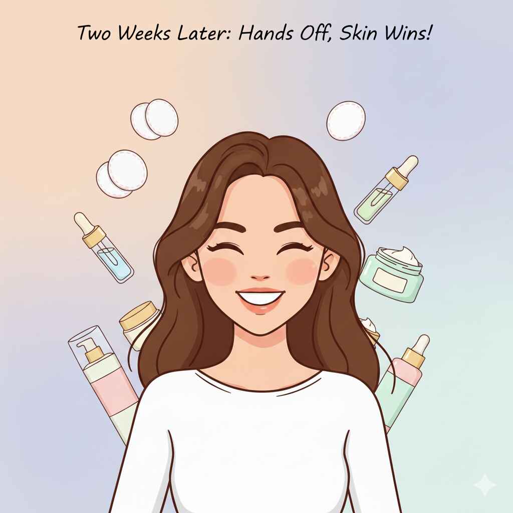 I Tried To Stop Touching My Face for 2 Weeks to Prevent Breakouts—Here’s What Happened Cartoon illustration of a happy young woman celebrating smooth skin after a two-week stopped touching my face challenge, with skincare items around her.