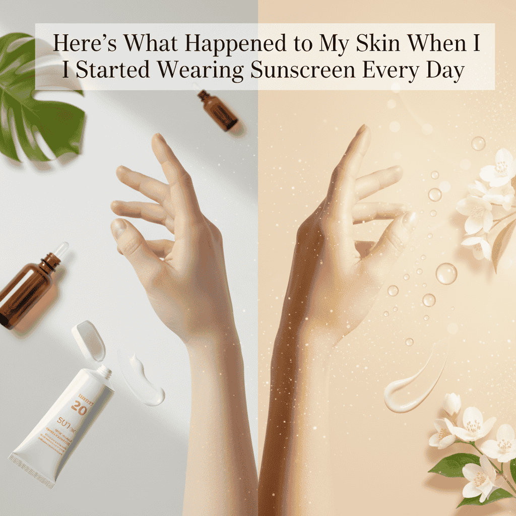 Before-and-after skincare flatlay with sunscreen bottle on white background