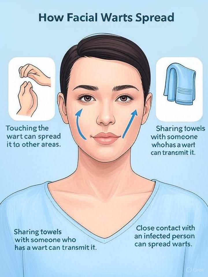 Facial Wart Treatment: I Tried Castor Oil On Warts For 2 Weeks And The Results Are Shocking "Infographic showing how facial warts spread through touching, sharing towels, and close skin contact."